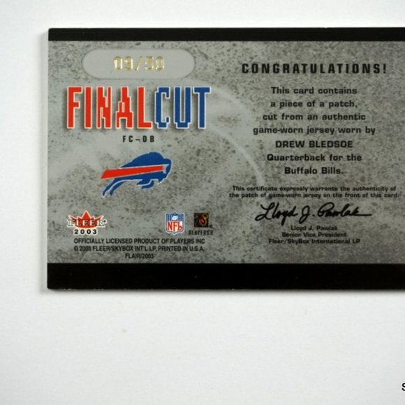 2003 Fleer Flair Drew Bledsoe Final Cut Game Used Relic Patch Gold #'d /50 - Picture 2 of 2